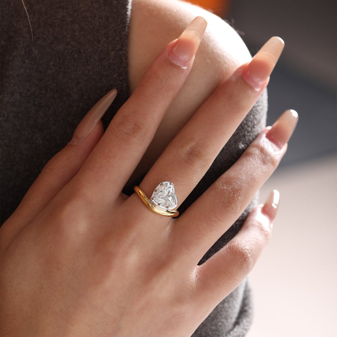 14K Yellow Gold 2.5ct Heart Shaped Lab Diamond Ring with White Gold Bezel and Wave Band - FIORESE JEWELRY