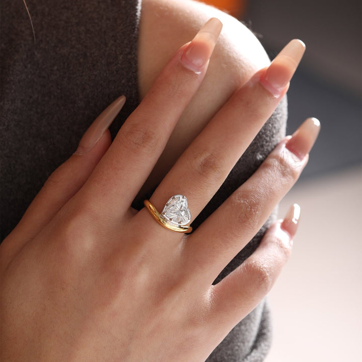 14K Yellow Gold 2.5ct Heart Shaped Lab Diamond Ring with White Gold Bezel and Wave Band - FIORESE JEWELRY