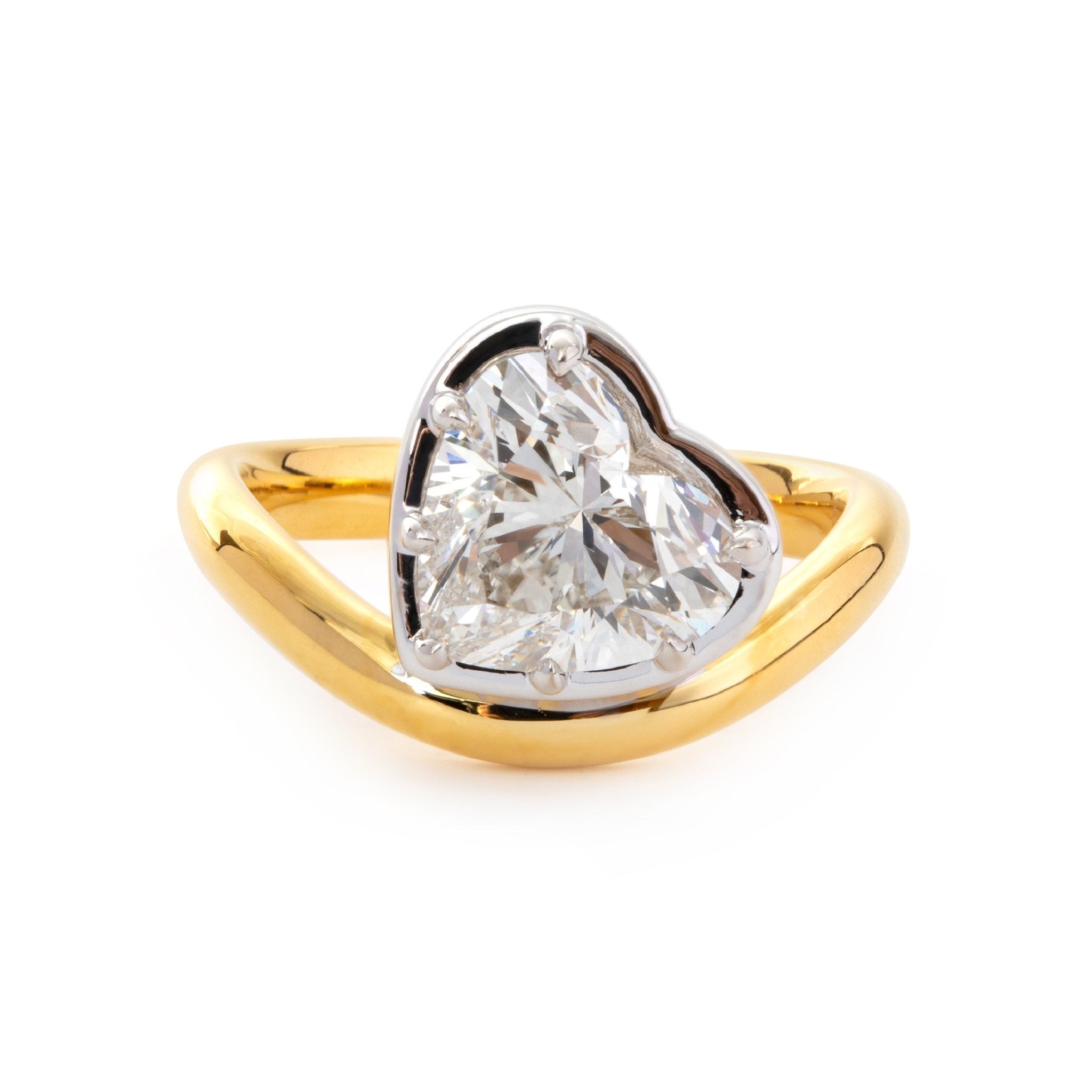 14K Yellow Gold 2.5ct Heart Shaped Lab Diamond Ring with White Gold Bezel and Wave Band - FIORESE JEWELRY
