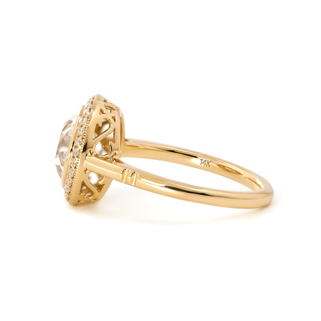 14K Yellow Gold 2.5ct Old European Cut Lab Diamond Edwardian Style Ring with Round Lab Diamond Halo Ring - FIORESE JEWELRY