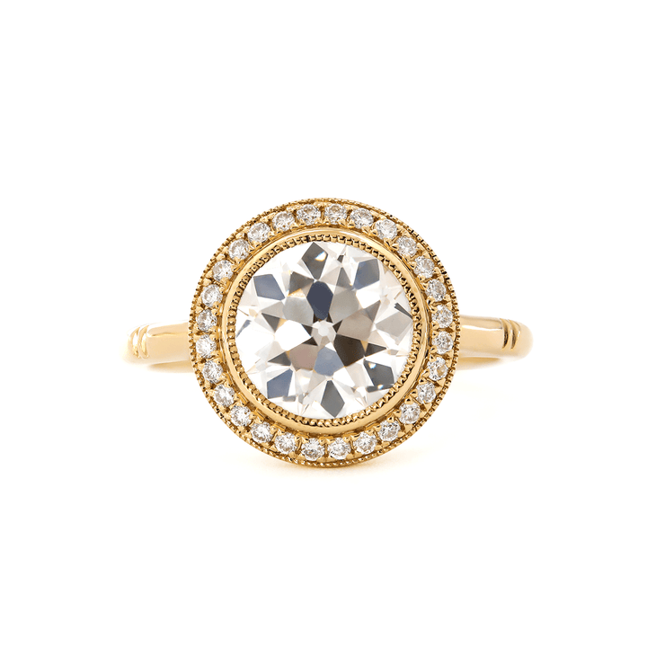 14K Yellow Gold 2.5ct Old European Cut Lab Diamond Edwardian Style Ring with Round Lab Diamond Halo Ring - FIORESE JEWELRY