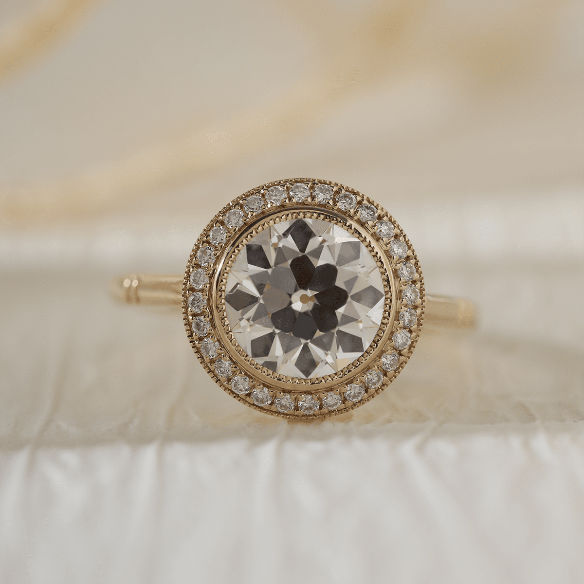 14K Yellow Gold 2.5ct Old European Cut Lab Diamond Edwardian Style Ring with Round Lab Diamond Halo Ring