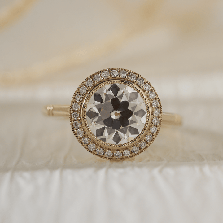14K Yellow Gold 2.5ct Old European Cut Lab Diamond Edwardian Style Ring with Round Lab Diamond Halo Ring - FIORESE JEWELRY