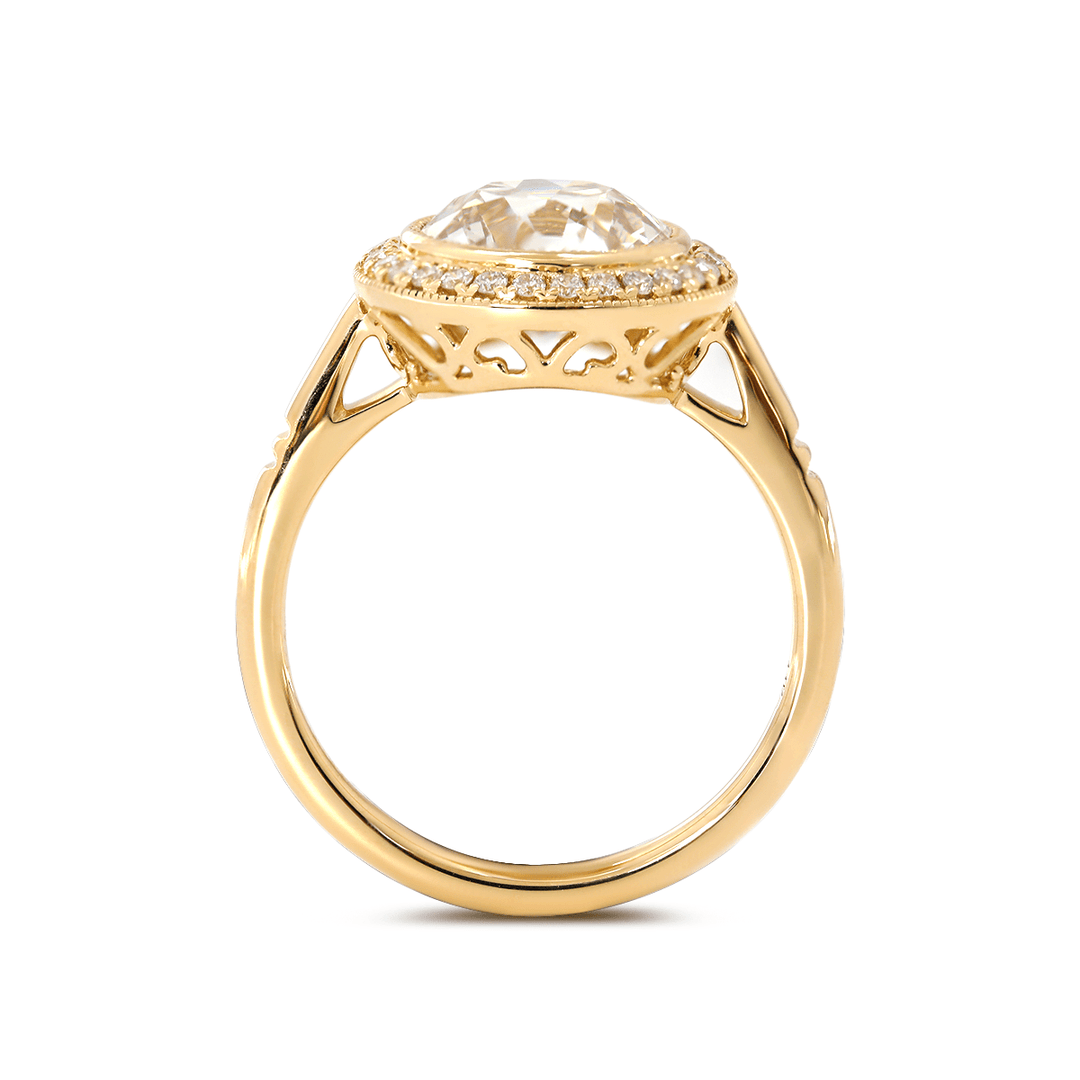 14K Yellow Gold 2.5ct Old European Cut Lab Diamond Edwardian Style Ring with Round Lab Diamond Halo Ring - FIORESE JEWELRY