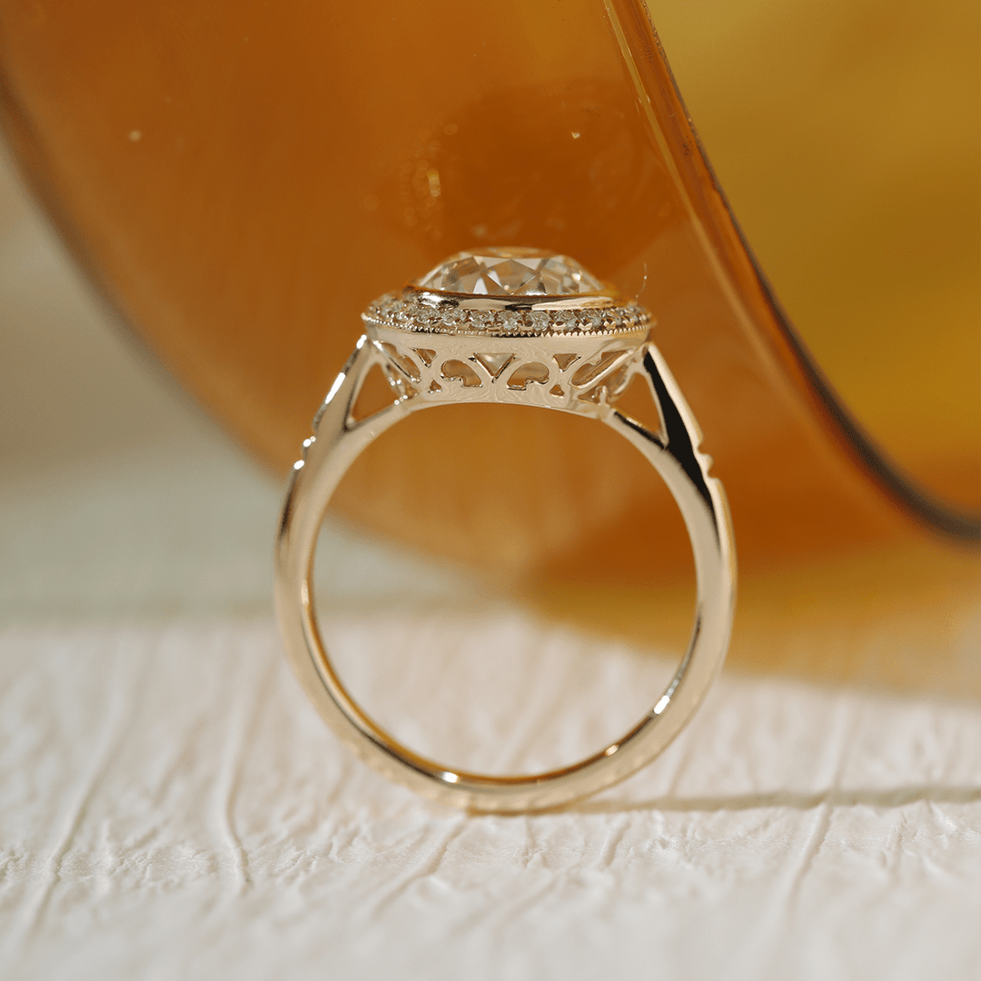14K Yellow Gold 2.5ct Old European Cut Lab Diamond Edwardian Style Ring with Round Lab Diamond Halo Ring - FIORESE JEWELRY