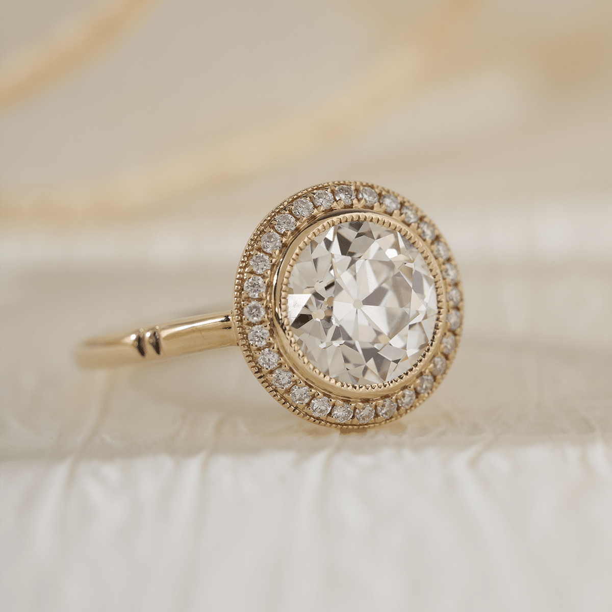 14K Yellow Gold 2.5ct Old European Cut Lab Diamond Edwardian Style Ring with Round Lab Diamond Halo Ring