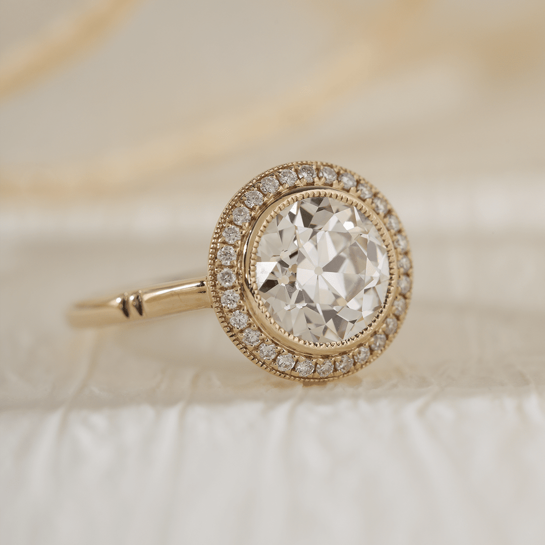 14K Yellow Gold 2.5ct Old European Cut Lab Diamond Edwardian Style Ring with Round Lab Diamond Halo Ring - FIORESE JEWELRY