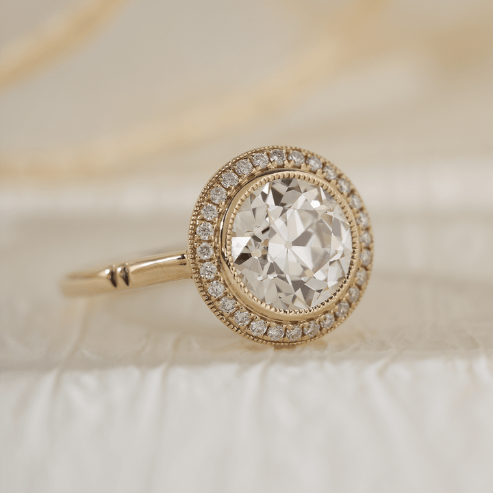 14K Yellow Gold 2.5ct Old European Cut Lab Diamond Edwardian Style Ring with Round Lab Diamond Halo Ring - FIORESE JEWELRY