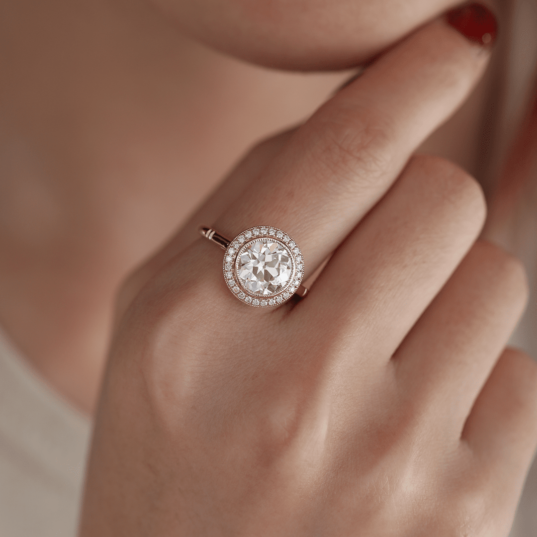 14K Yellow Gold 2.5ct Old European Cut Lab Diamond Edwardian Style Ring with Round Lab Diamond Halo Ring - FIORESE JEWELRY