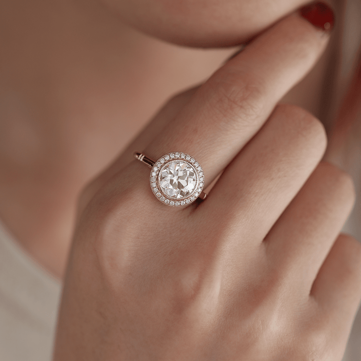 14K Yellow Gold 2.5ct Old European Cut Lab Diamond Edwardian Style Ring with Round Lab Diamond Halo Ring - FIORESE JEWELRY