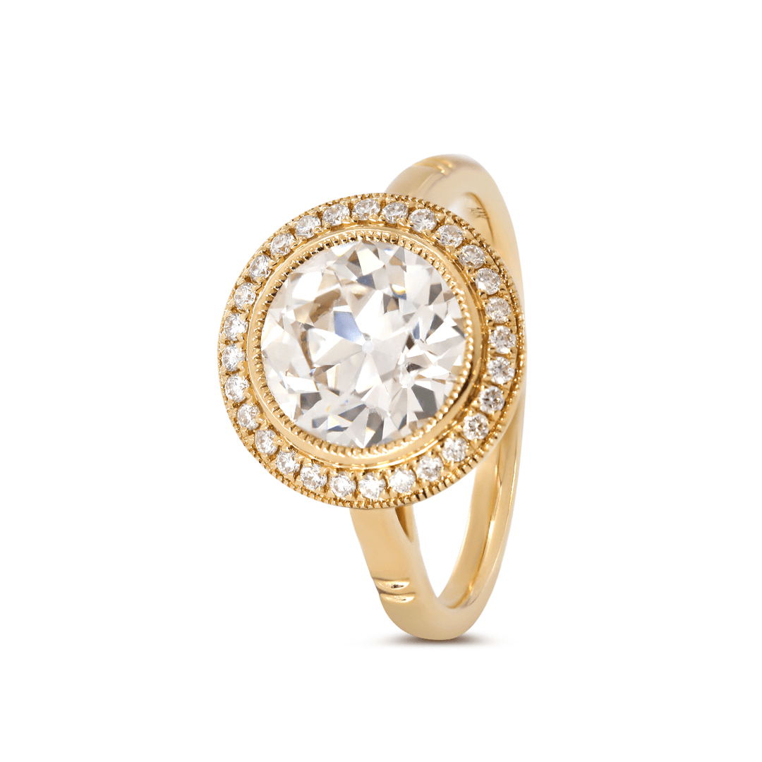 14K Yellow Gold 2.5ct Old European Cut Lab Diamond Edwardian Style Ring with Round Lab Diamond Halo Ring - FIORESE JEWELRY