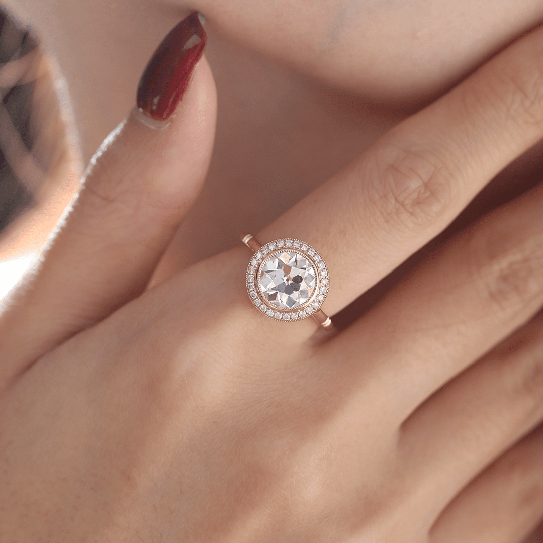 14K Yellow Gold 2.5ct Old European Cut Lab Diamond Edwardian Style Ring with Round Lab Diamond Halo Ring - FIORESE JEWELRY