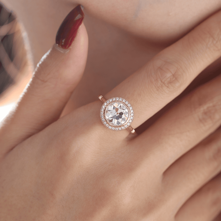 14K Yellow Gold 2.5ct Old European Cut Lab Diamond Edwardian Style Ring with Round Lab Diamond Halo Ring - FIORESE JEWELRY