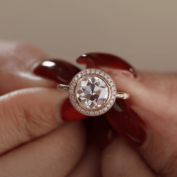 14K Yellow Gold 2.5ct Old European Cut Lab Diamond Edwardian Style Ring with Round Lab Diamond Halo Ring - FIORESE JEWELRY