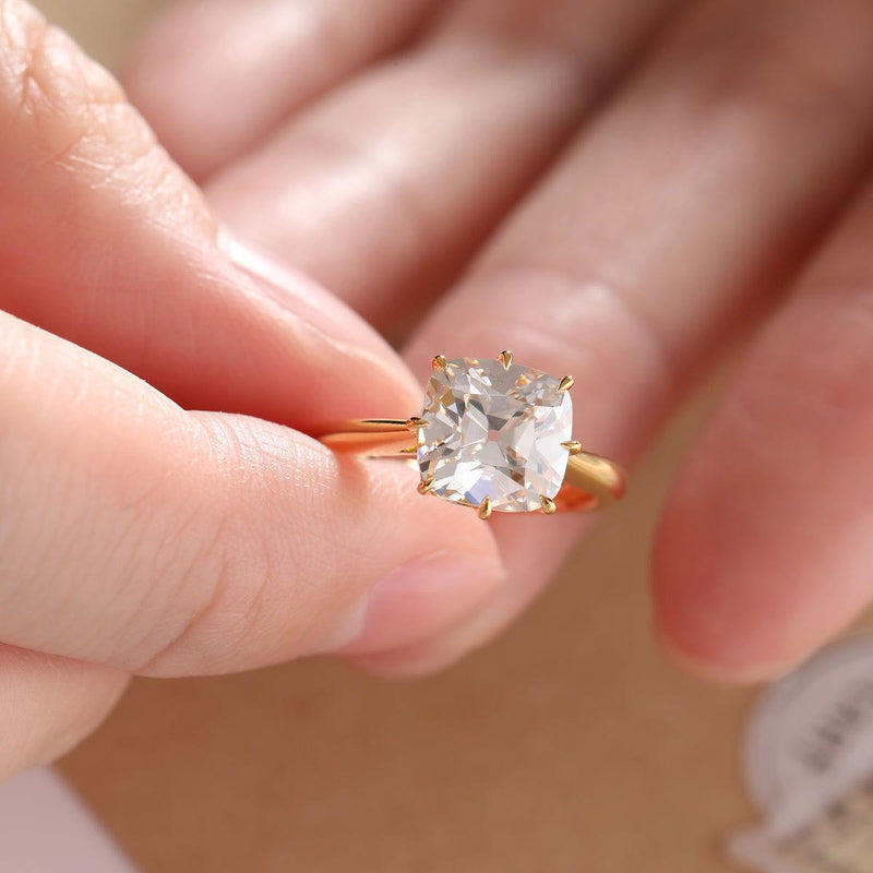 14k Yellow Gold 2.5ct Old Mine Cut Cushion Lab Diamond 8 Prongs Basket Solitaire Ring - FIORESE JEWELRY