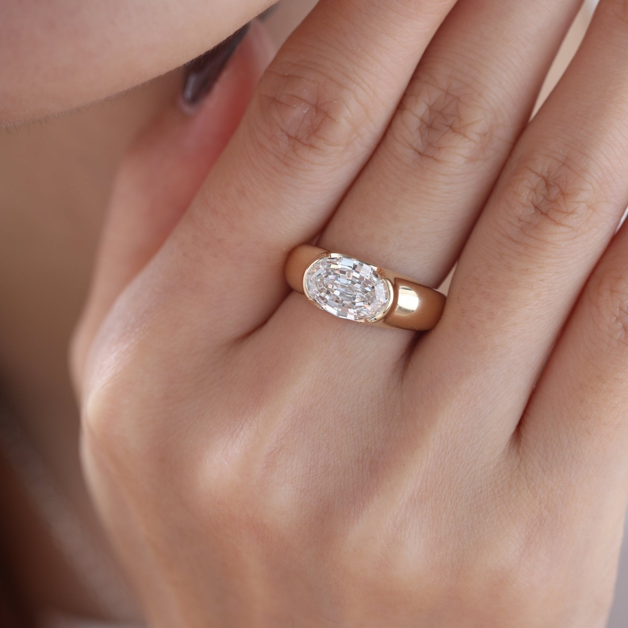 14K Yellow Gold 2.5ct Oval Step Cut Lab Diamond Half Bezel Ring with Tapered Band Design - FIORESE JEWELRY