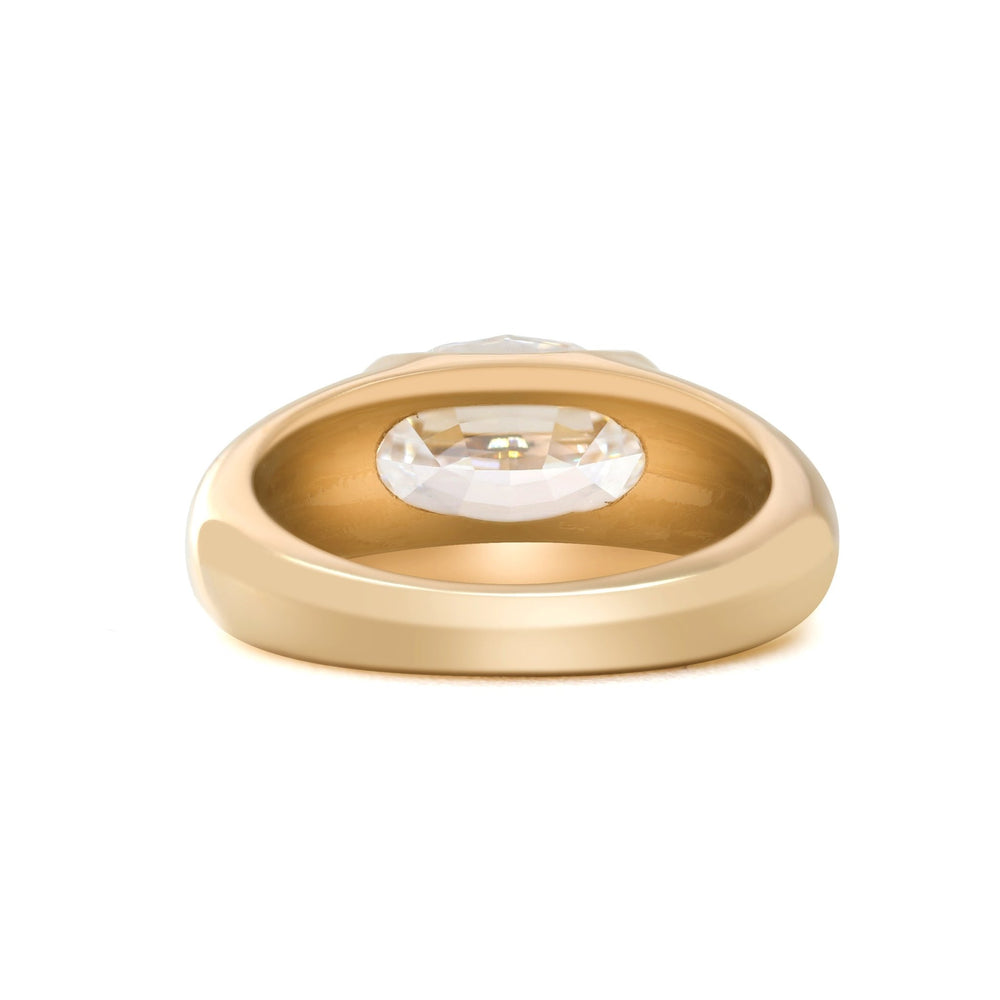 14K Yellow Gold 2.5ct Oval Step Cut Lab Diamond Half Bezel Ring with Tapered Band Design - FIORESE JEWELRY