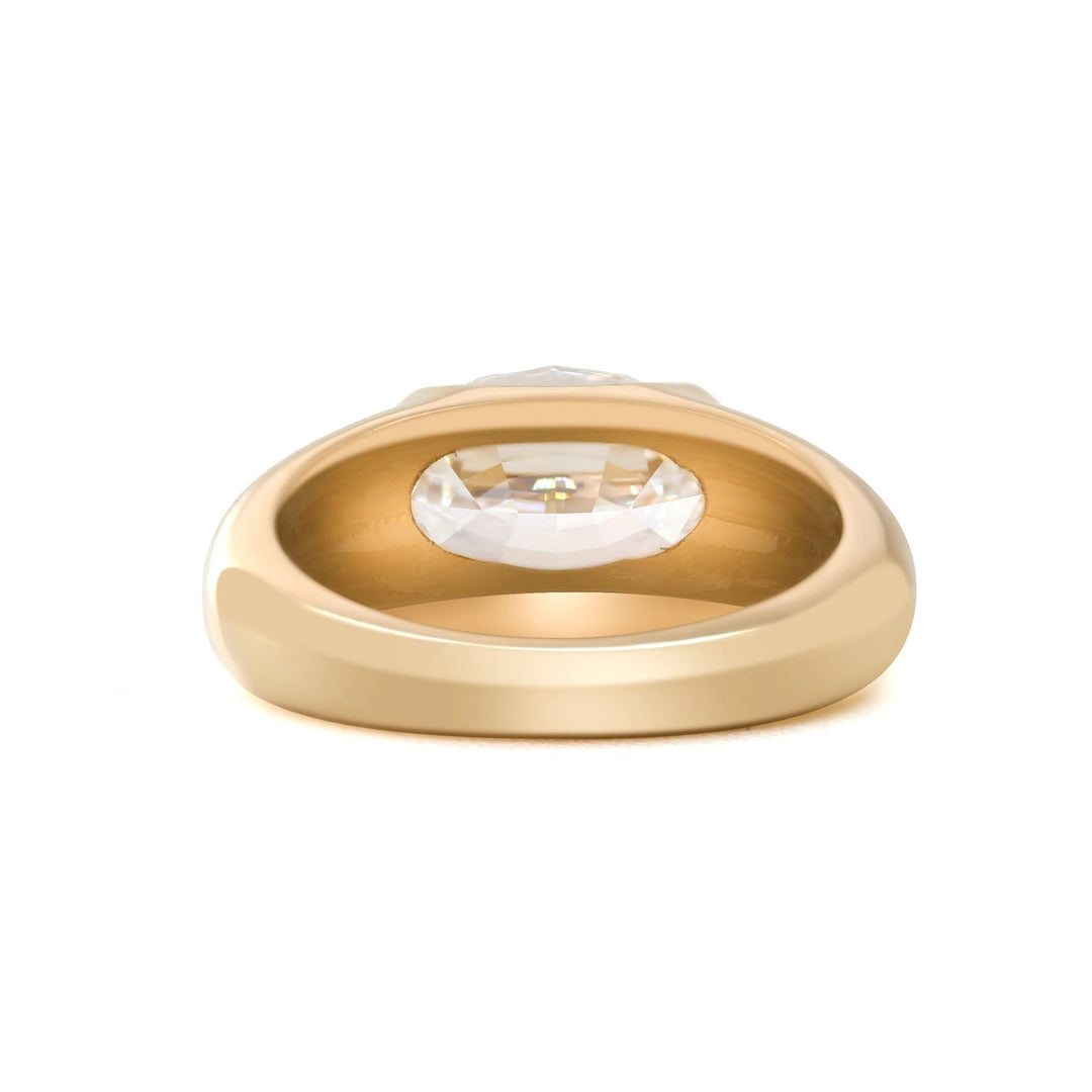 14K Yellow Gold 2.5ct Oval Step Cut Lab Diamond Half Bezel Ring with Tapered Band Design - FIORESE JEWELRY