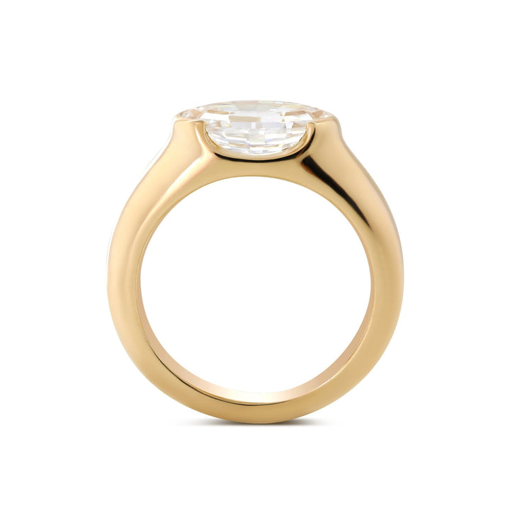 14K Yellow Gold 2.5ct Oval Step Cut Lab Diamond Half Bezel Ring with Tapered Band Design - FIORESE JEWELRY