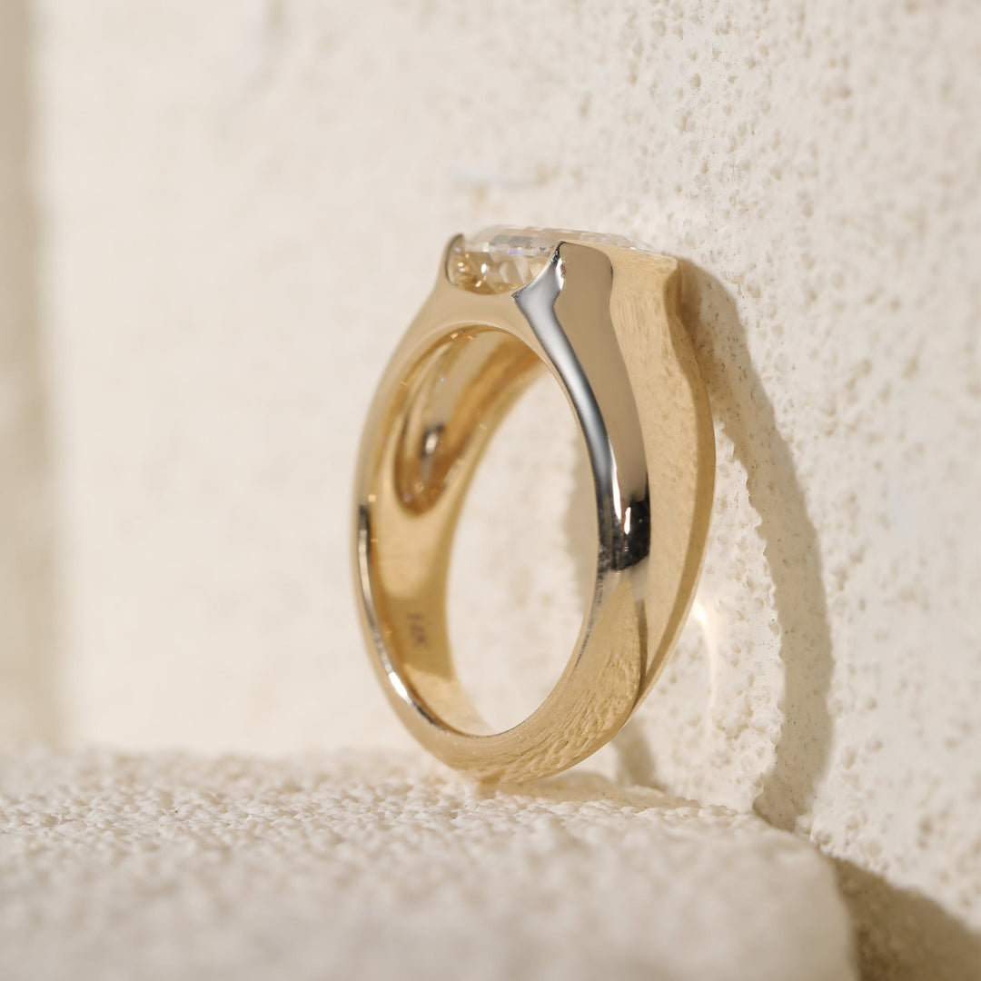 14K Yellow Gold 2.5ct Oval Step Cut Lab Diamond Half Bezel Ring with Tapered Band Design - FIORESE JEWELRY