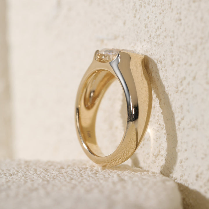 14K Yellow Gold 2.5ct Oval Step Cut Lab Diamond Half Bezel Ring with Tapered Band Design - FIORESE JEWELRY