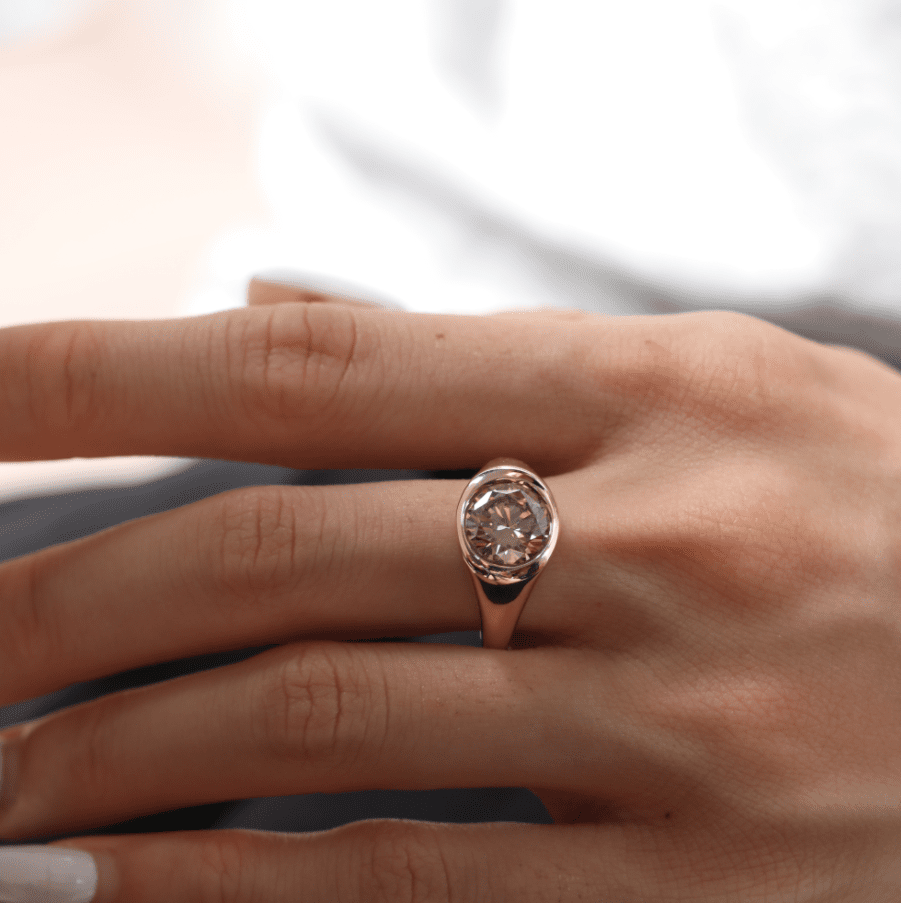 14K Yellow Gold 2.5ct Round Brown Lab Diamond Bezel Solitaire Ring with Tapered Band Design - FIORESE JEWELRY