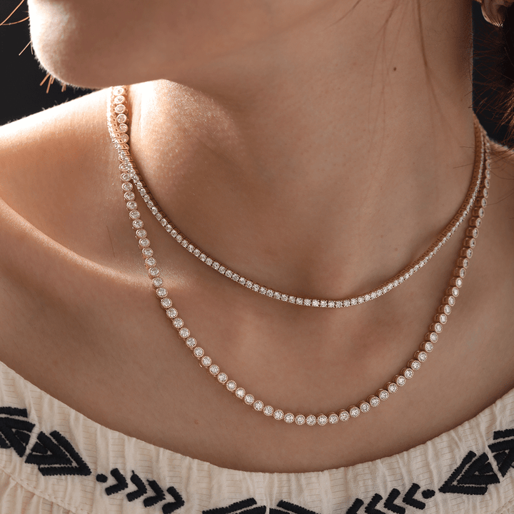 14K Yellow Gold 2.6mm Round Brilliant Cut Lab Diamond Millegrain Bezel Tennis Chain Necklace - FIORESE JEWELRY