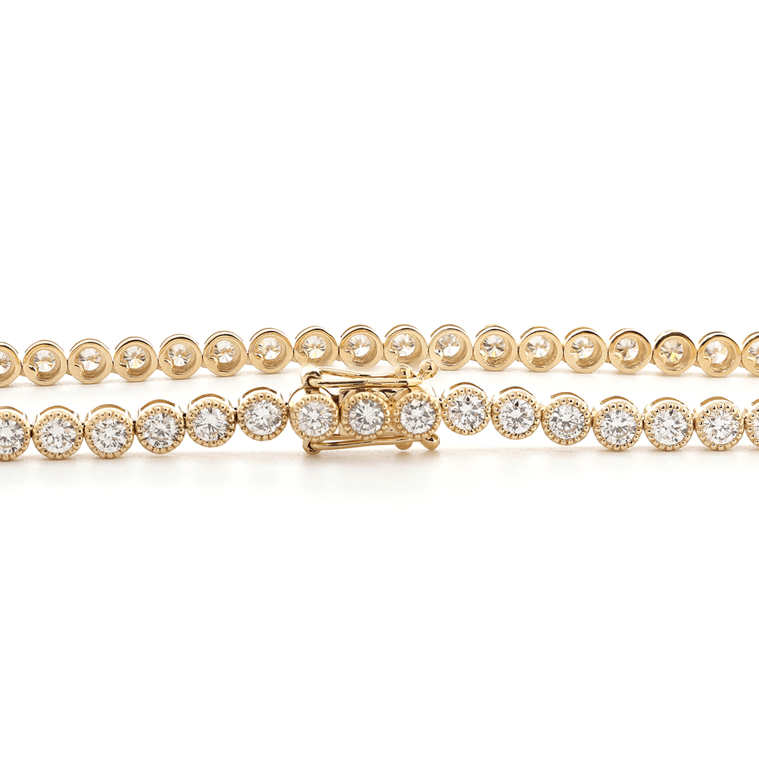 14K Yellow Gold 2.6mm Round Brilliant Cut Lab Diamond Millegrain Bezel Tennis Chain Necklace - FIORESE JEWELRY