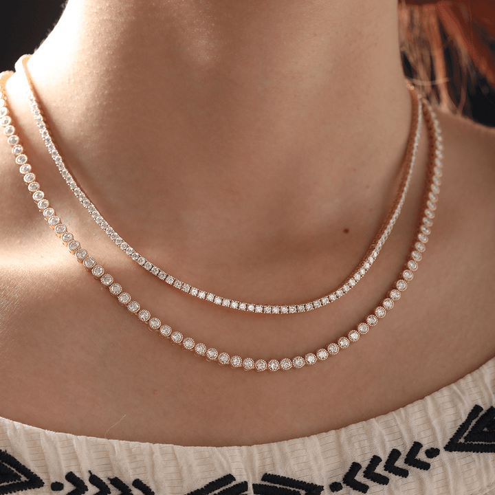 14K Yellow Gold 2.6mm Round Brilliant Cut Lab Diamond Millegrain Bezel Tennis Chain Necklace - FIORESE JEWELRY