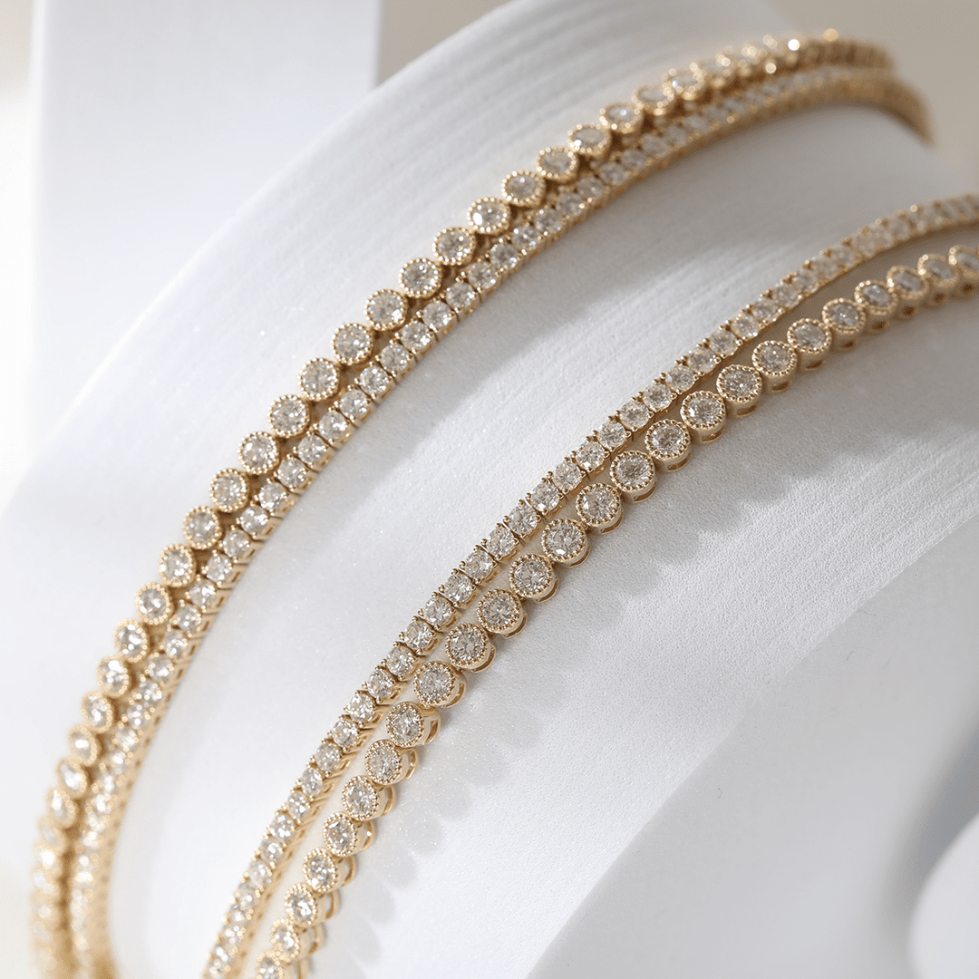 14K Yellow Gold 2.6mm Round Brilliant Cut Lab Diamond Millegrain Bezel Tennis Chain Necklace - FIORESE JEWELRY