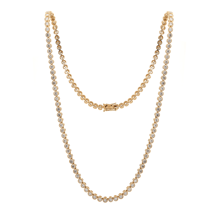 14K Yellow Gold 2.6mm Round Brilliant Cut Lab Diamond Millegrain Bezel Tennis Chain Necklace - FIORESE JEWELRY