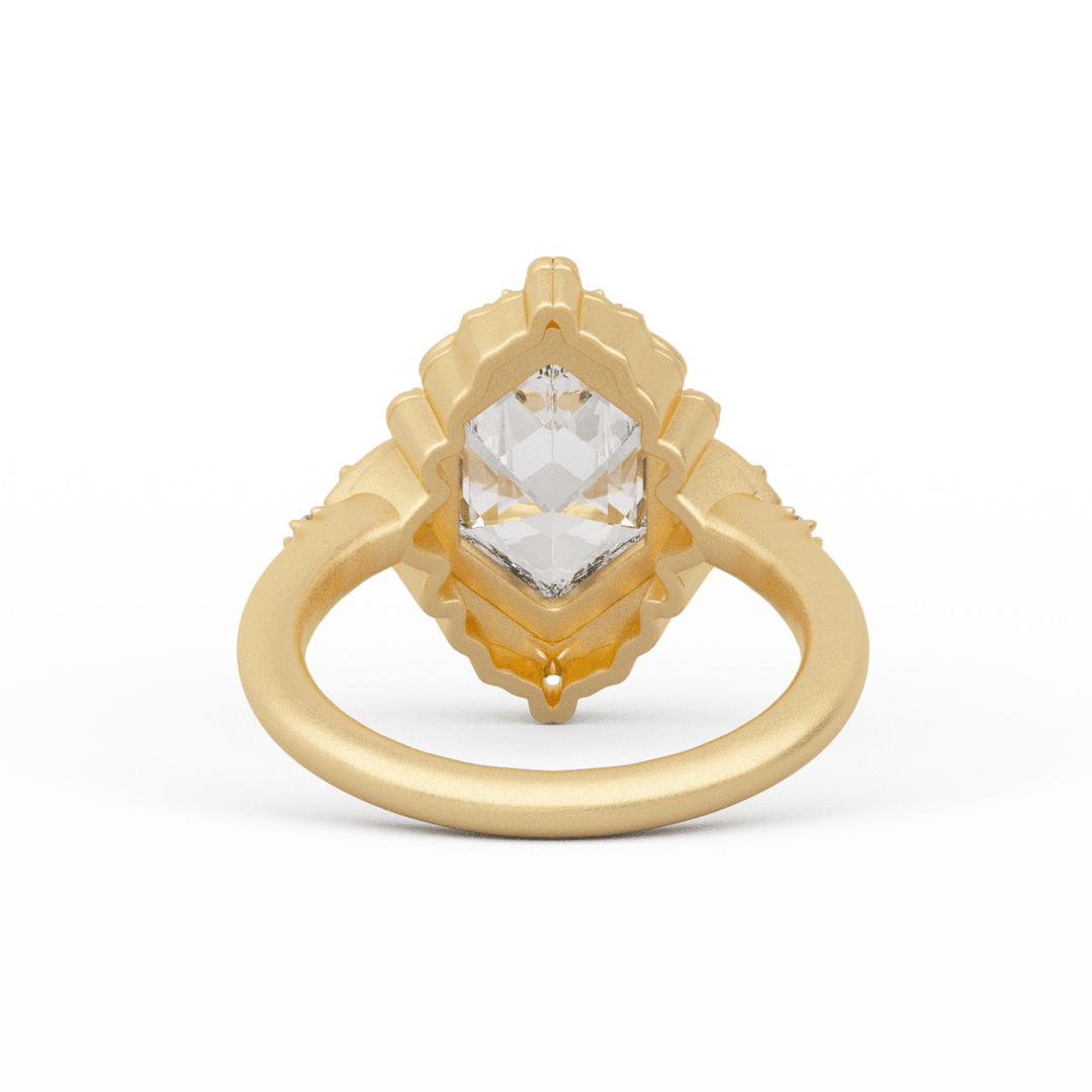 14K Yellow Gold 2ct Elongated Hexagonal Cut Lab Diamond Victoran - Style Bezel Ring with Floral Motifs - FIORESE JEWELRY
