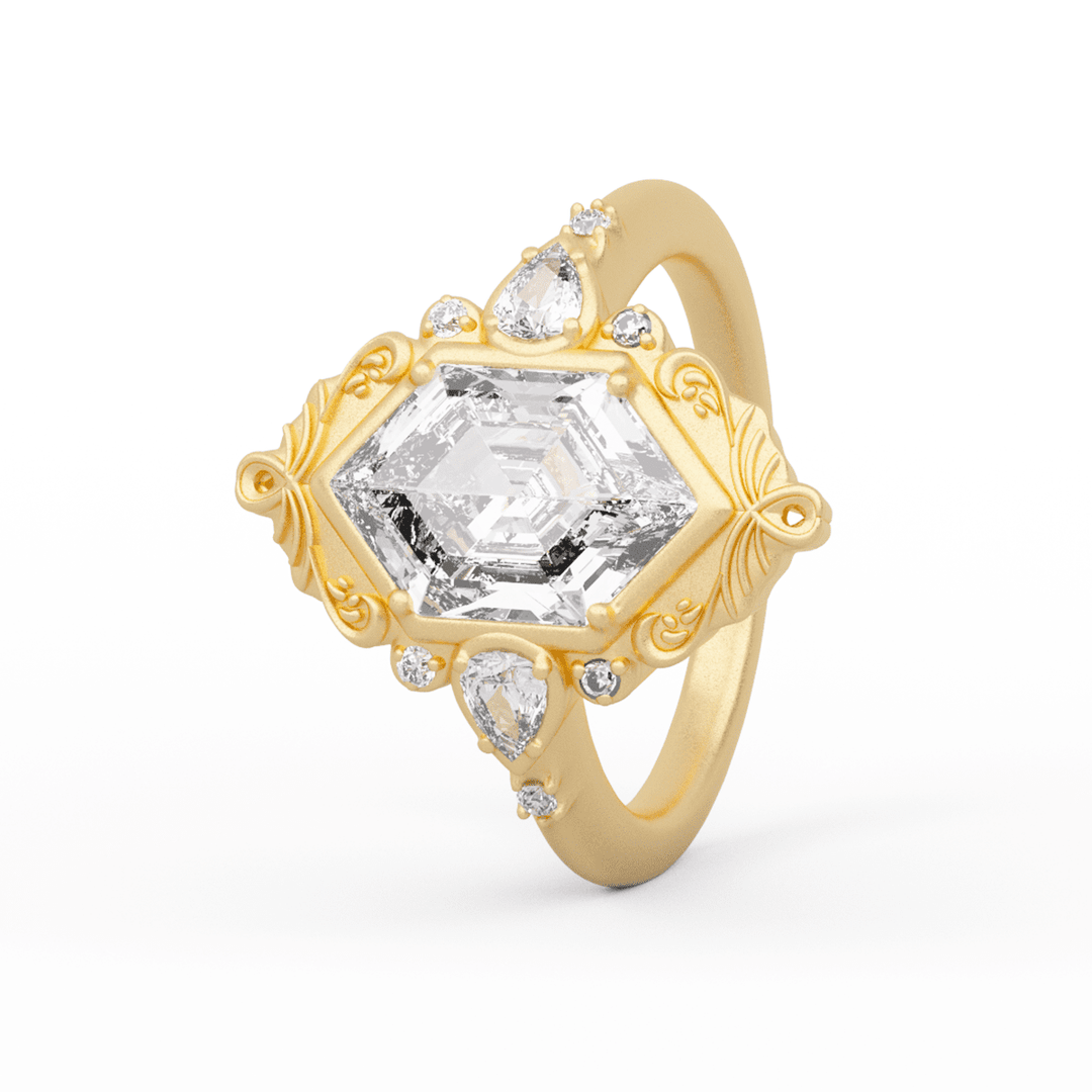 14K Yellow Gold 2ct Elongated Hexagonal Cut Lab Diamond Victoran - Style Bezel Ring with Floral Motifs - FIORESE JEWELRY