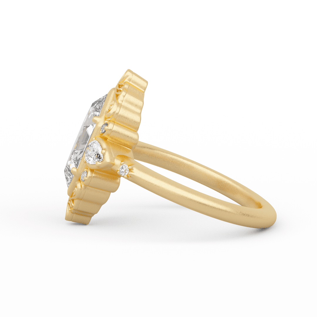 14K Yellow Gold 2ct Elongated Hexagonal Cut Lab Diamond Victoran - Style Bezel Ring with Floral Motifs - FIORESE JEWELRY