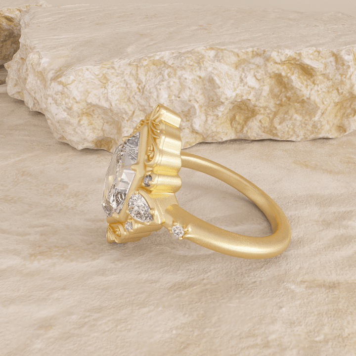 14K Yellow Gold 2ct Elongated Hexagonal Cut Lab Diamond Victoran - Style Bezel Ring with Floral Motifs - FIORESE JEWELRY