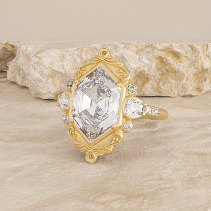 14K Yellow Gold 2ct Elongated Hexagonal Cut Lab Diamond Victoran - Style Bezel Ring with Floral Motifs - FIORESE JEWELRY