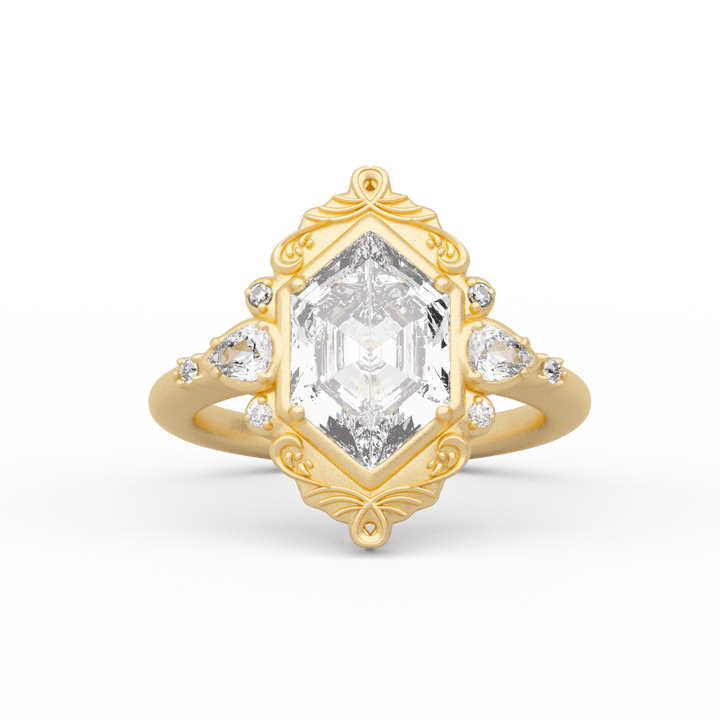 14K Yellow Gold 2ct Elongated Hexagonal Cut Lab Diamond Victoran - Style Bezel Ring with Floral Motifs - FIORESE JEWELRY