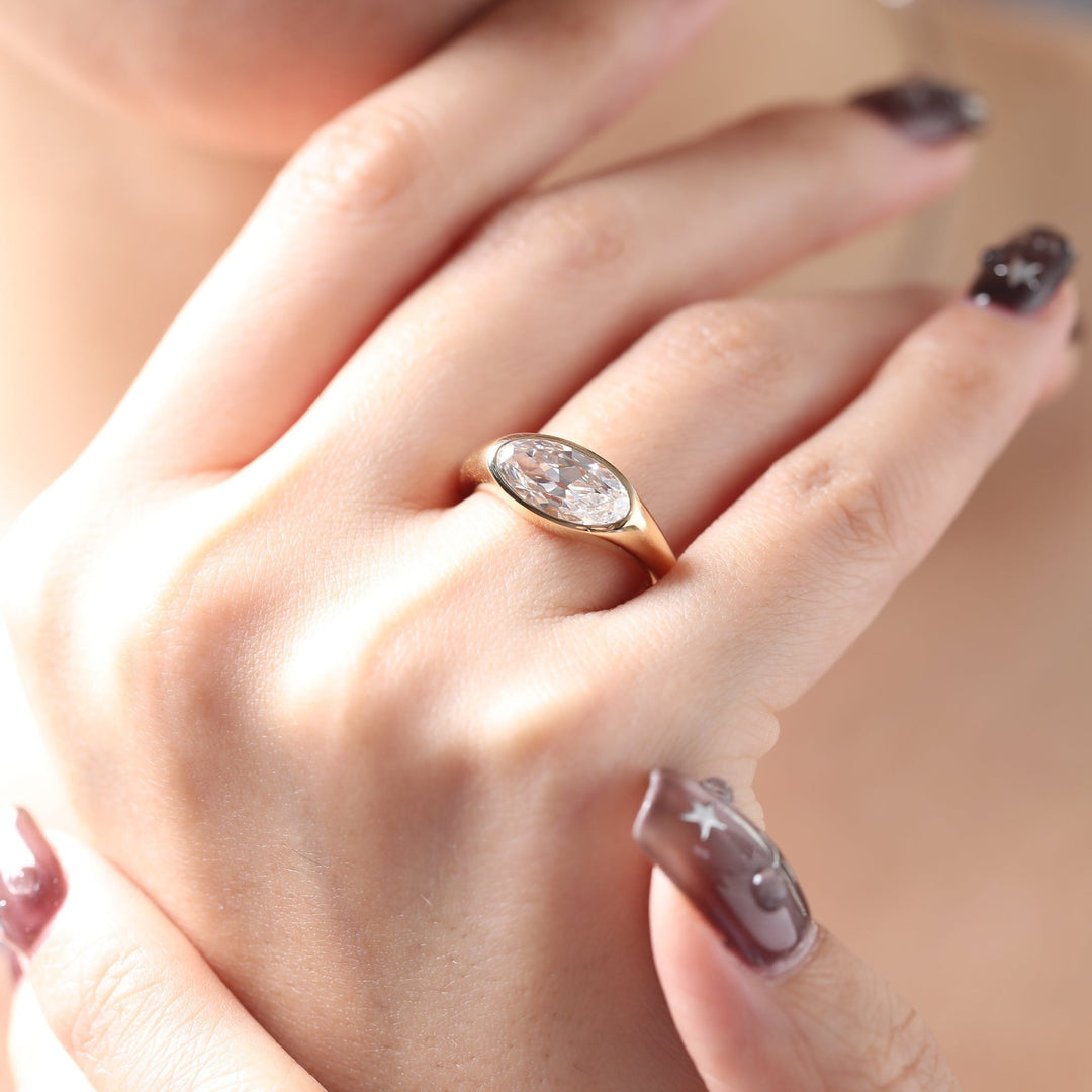 14K Yellow Gold 2ct Elongated Oval Old Mine Cut Lab Diamond Bezel Solitaire Ring - FIORESE JEWELRY