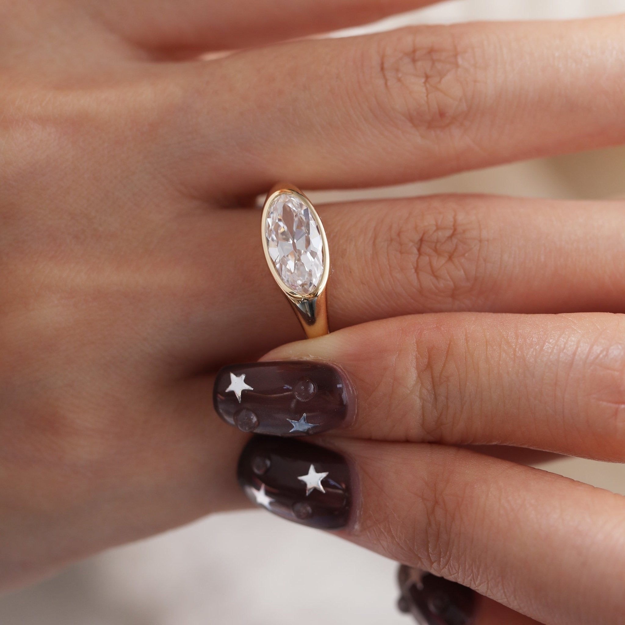 14K Yellow Gold 2ct Elongated Oval Old Mine Cut Lab Diamond Bezel Solitaire Ring - FIORESE JEWELRY