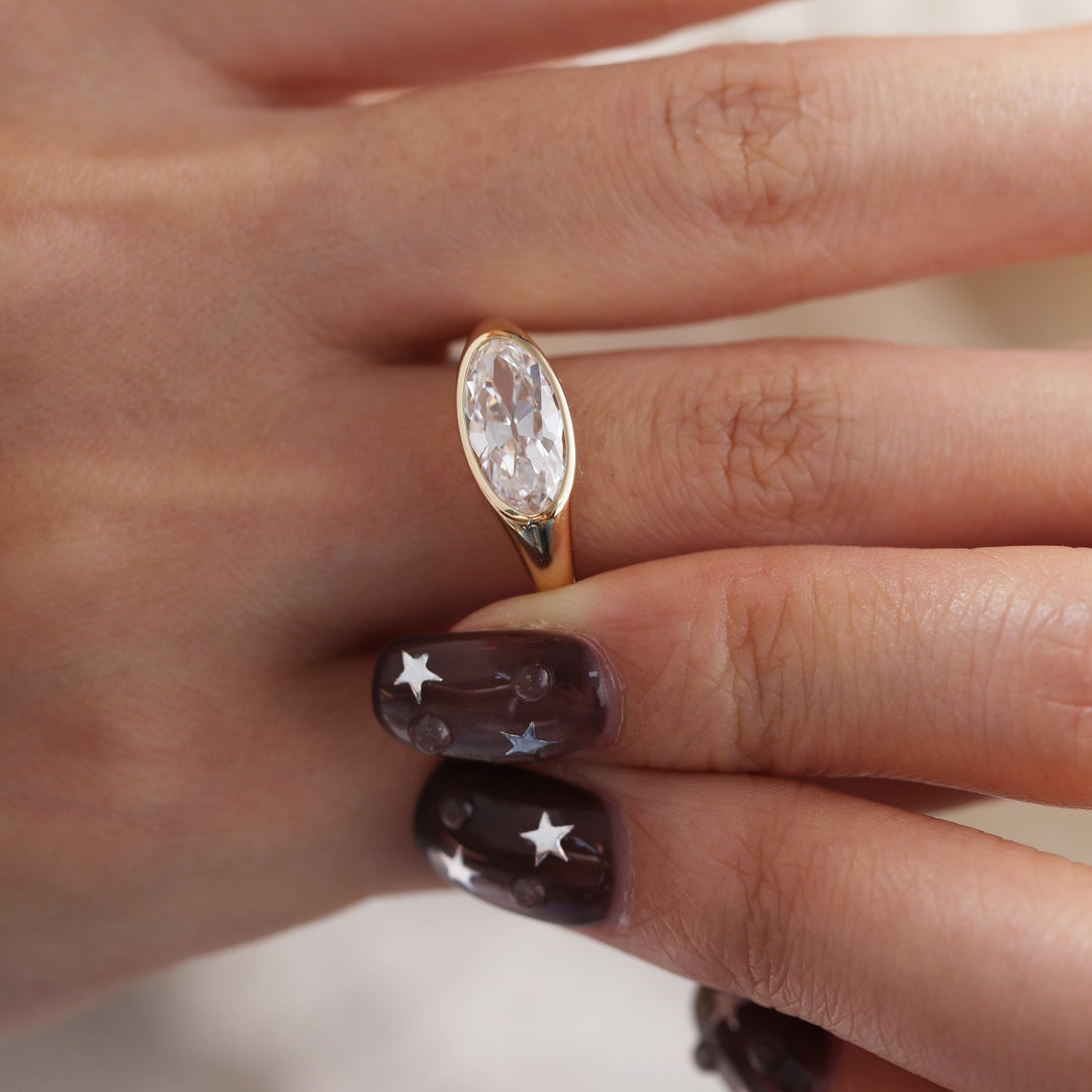 14K Yellow Gold 2ct Elongated Oval Old Mine Cut Lab Diamond Bezel Solitaire Ring - FIORESE JEWELRY