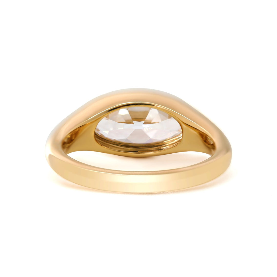 14K Yellow Gold 2ct Elongated Oval Old Mine Cut Lab Diamond Bezel Solitaire Ring - FIORESE JEWELRY