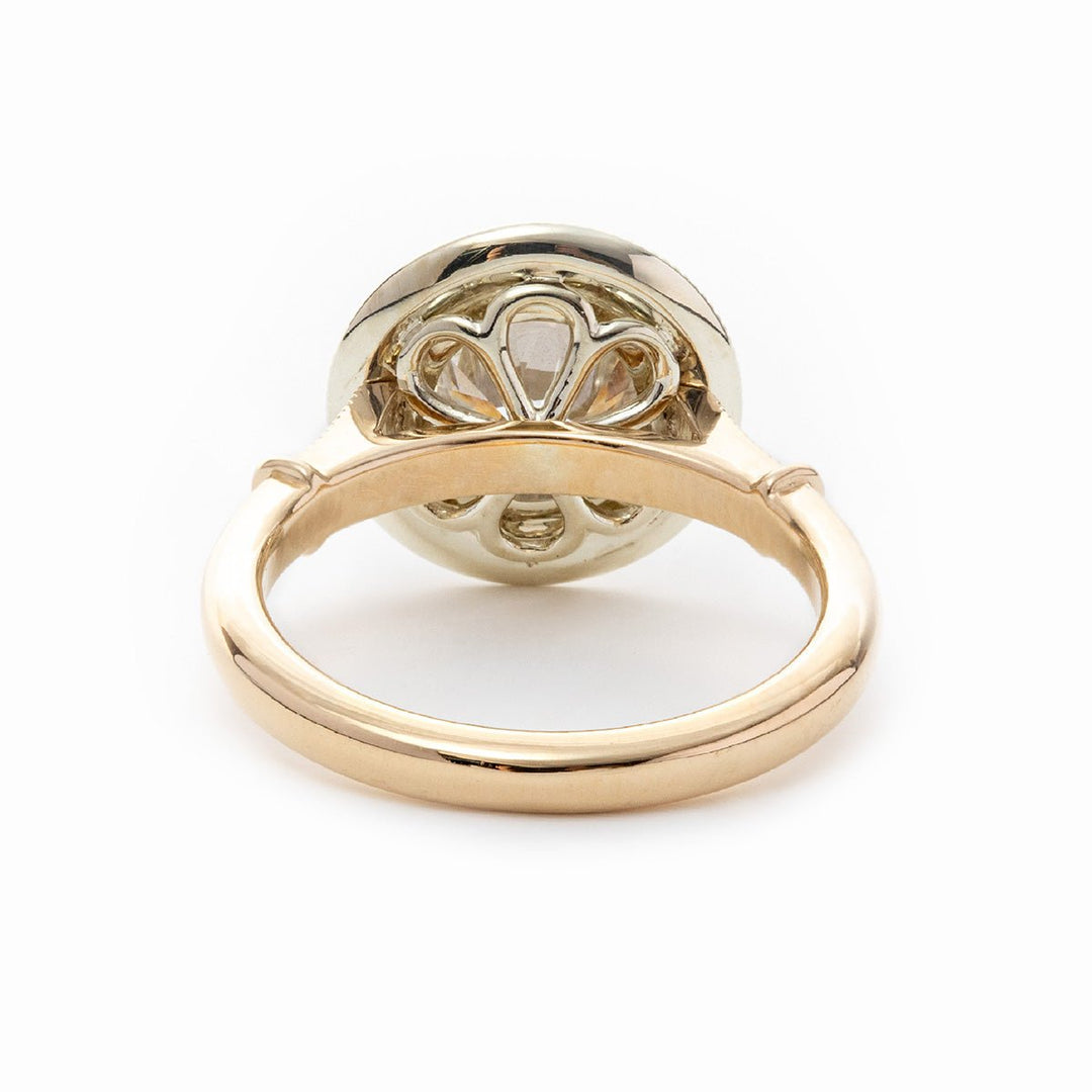14K Yellow Gold 2ct Old European Cut Lab Diamond Miillegrain Vintage Ring with a 14K White Gold Round Diamond Halo - FIORESE JEWELRY
