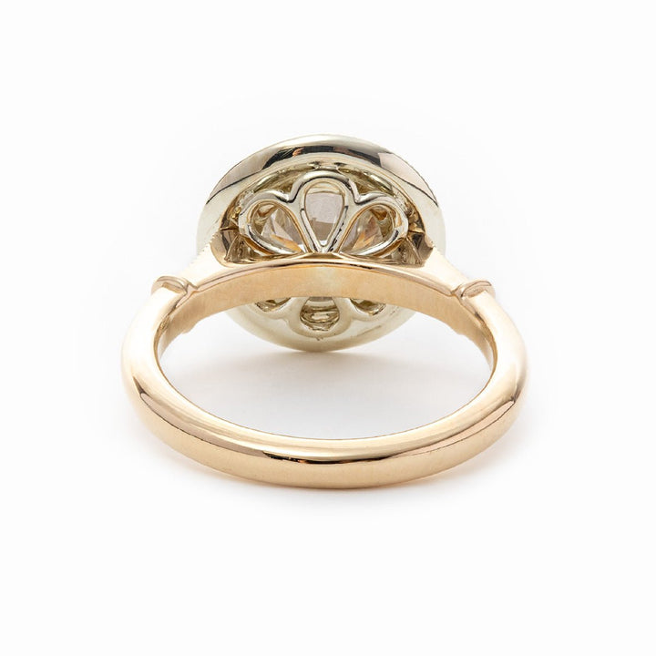 14K Yellow Gold 2ct Old European Cut Lab Diamond Miillegrain Vintage Ring with a 14K White Gold Round Diamond Halo - FIORESE JEWELRY