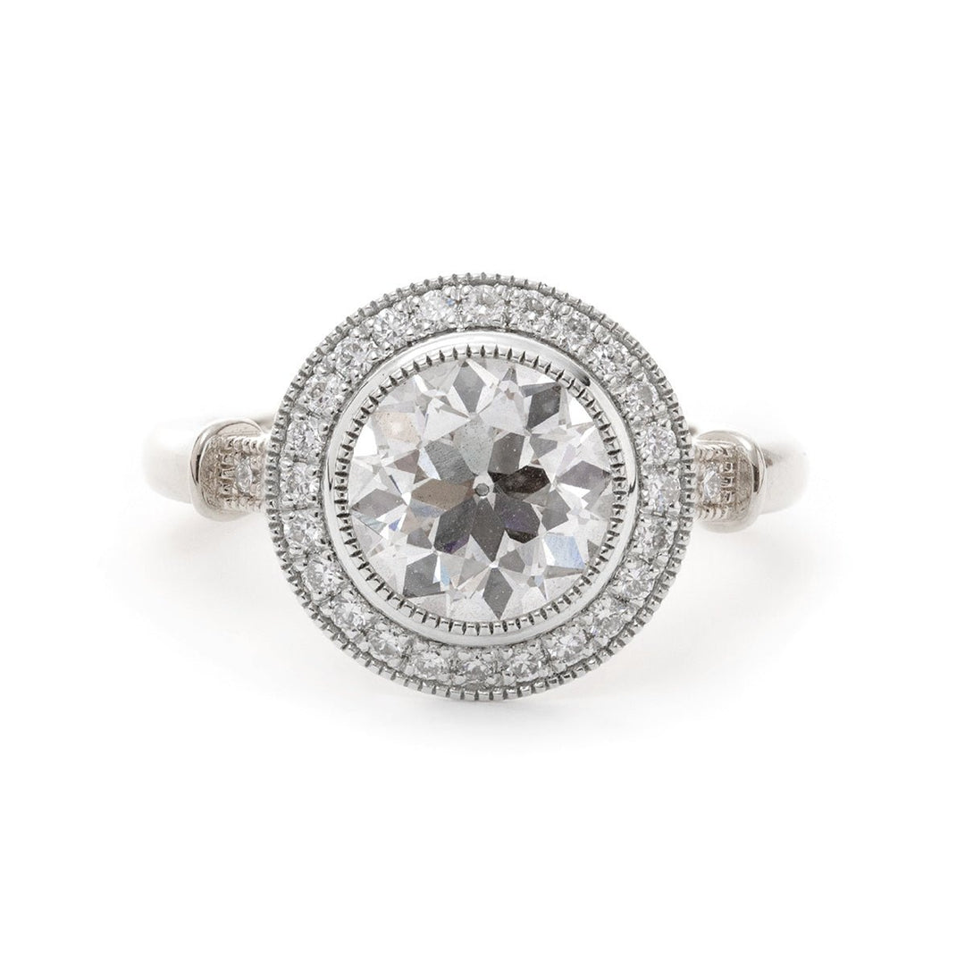 14K Yellow Gold 2ct Old European Cut Lab Diamond Miillegrain Vintage Ring with a 14K White Gold Round Diamond Halo - FIORESE JEWELRY