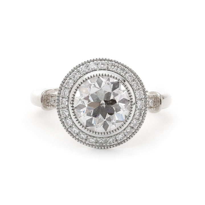 14K Yellow Gold 2ct Old European Cut Lab Diamond Miillegrain Vintage Ring with a 14K White Gold Round Diamond Halo - FIORESE JEWELRY