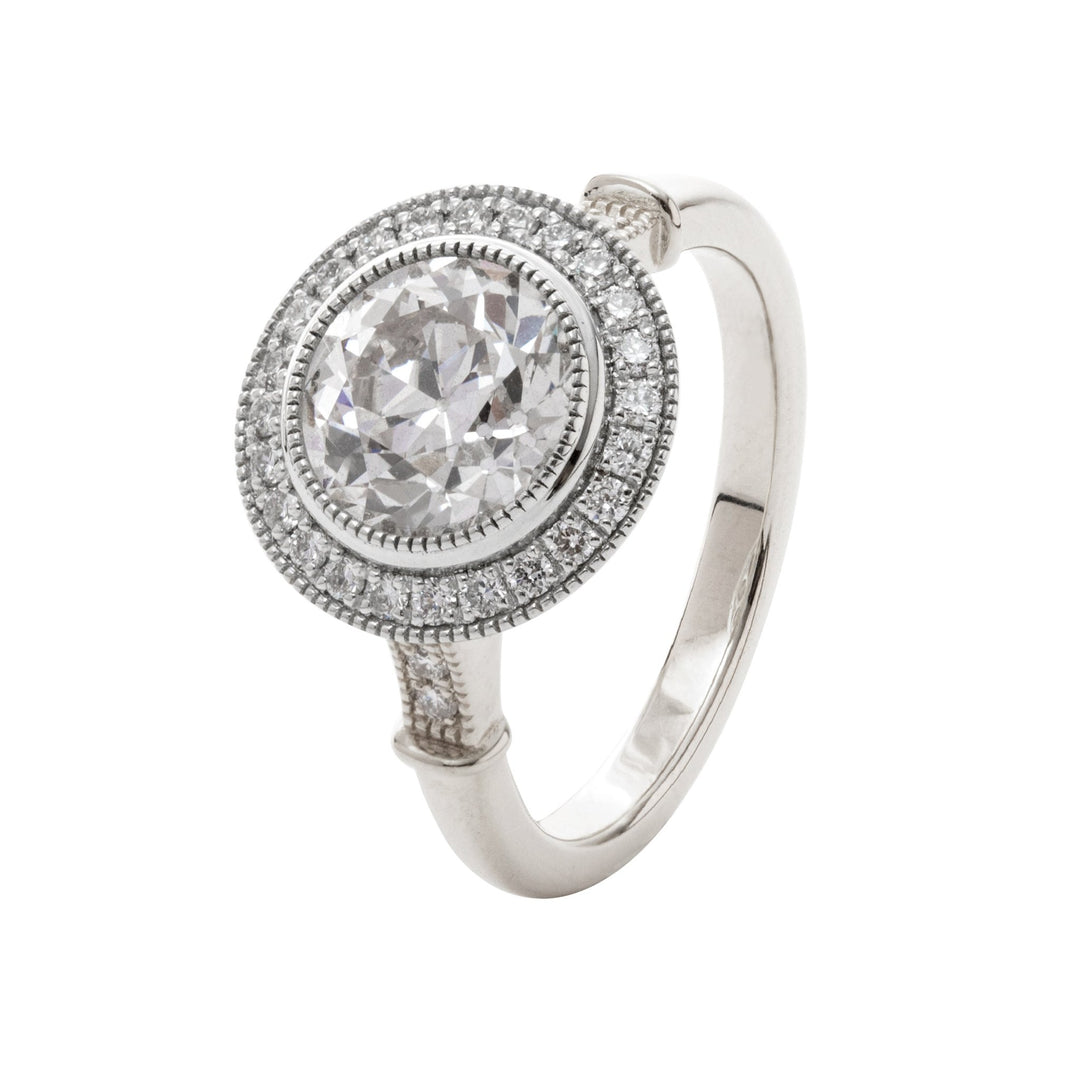 14K Yellow Gold 2ct Old European Cut Lab Diamond Miillegrain Vintage Ring with a 14K White Gold Round Diamond Halo - FIORESE JEWELRY