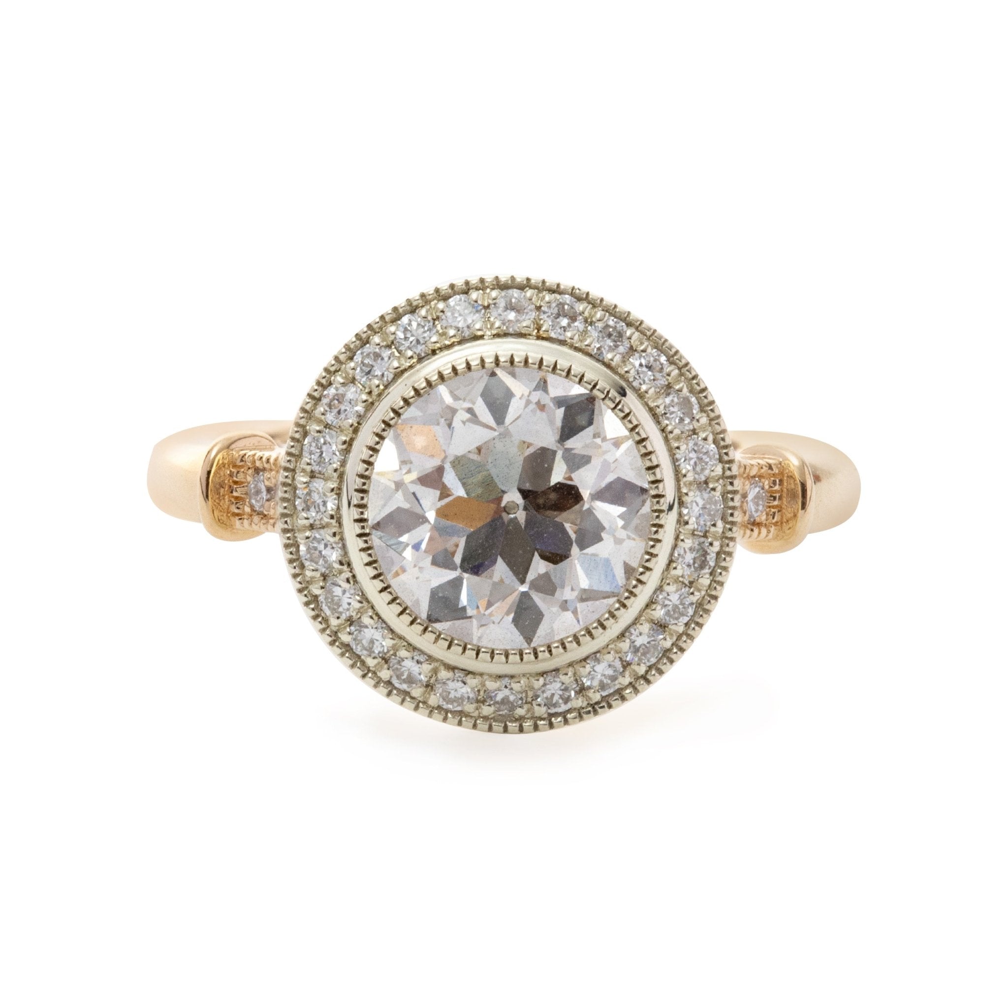 14K Yellow Gold 2ct Old European Cut Lab Diamond Miillegrain Vintage Ring with a 14K White Gold Round Diamond Halo - FIORESE JEWELRY