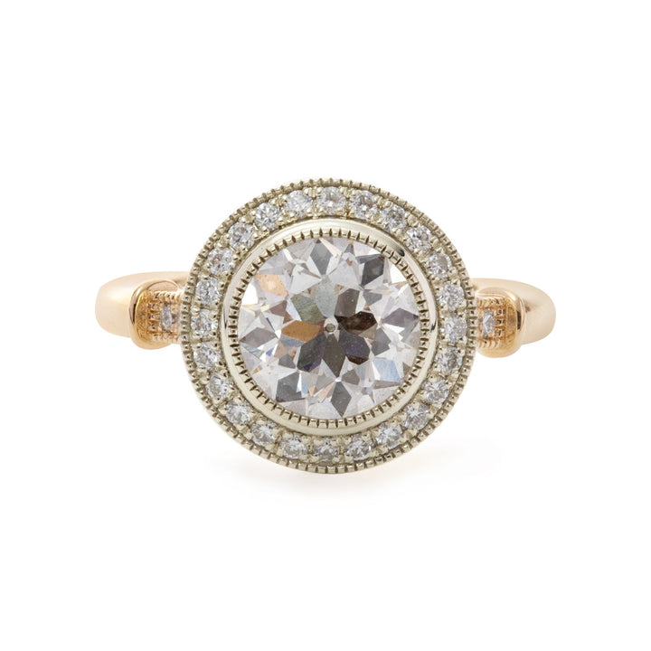 14K Yellow Gold 2ct Old European Cut Lab Diamond Miillegrain Vintage Ring with a 14K White Gold Round Diamond Halo - FIORESE JEWELRY