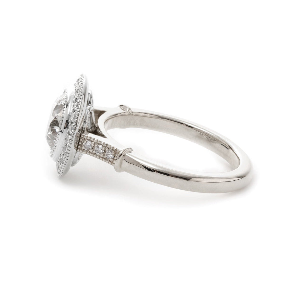 14K Yellow Gold 2ct Old European Cut Lab Diamond Miillegrain Vintage Ring with a 14K White Gold Round Diamond Halo - FIORESE JEWELRY