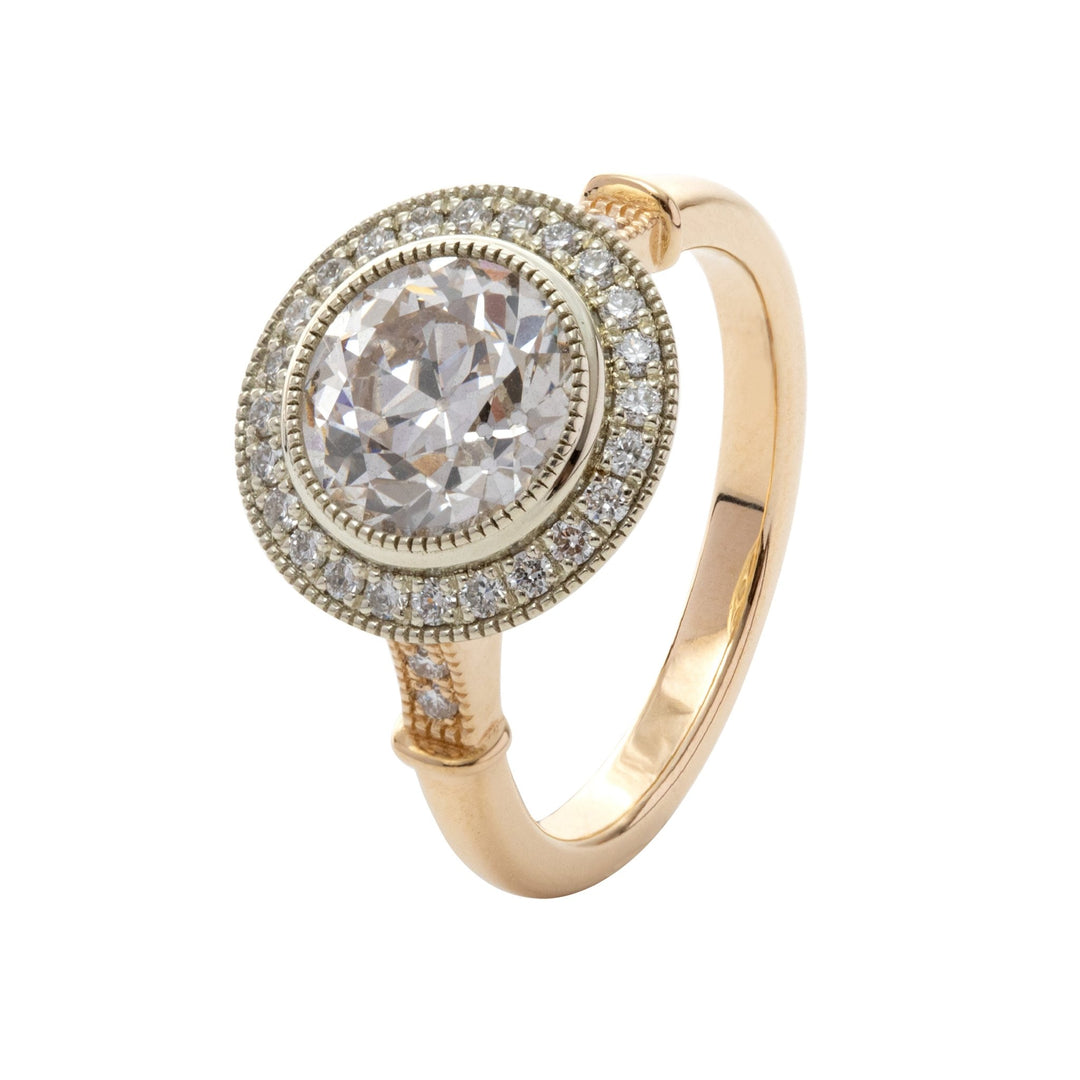 14K Yellow Gold 2ct Old European Cut Lab Diamond Miillegrain Vintage Ring with a 14K White Gold Round Diamond Halo - FIORESE JEWELRY